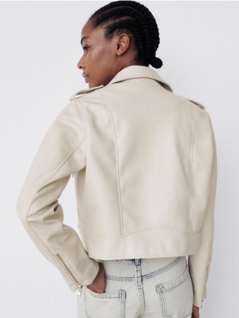 ZARA Beige Cream Biker-Style Leather Jacket - Picture 4 of 5